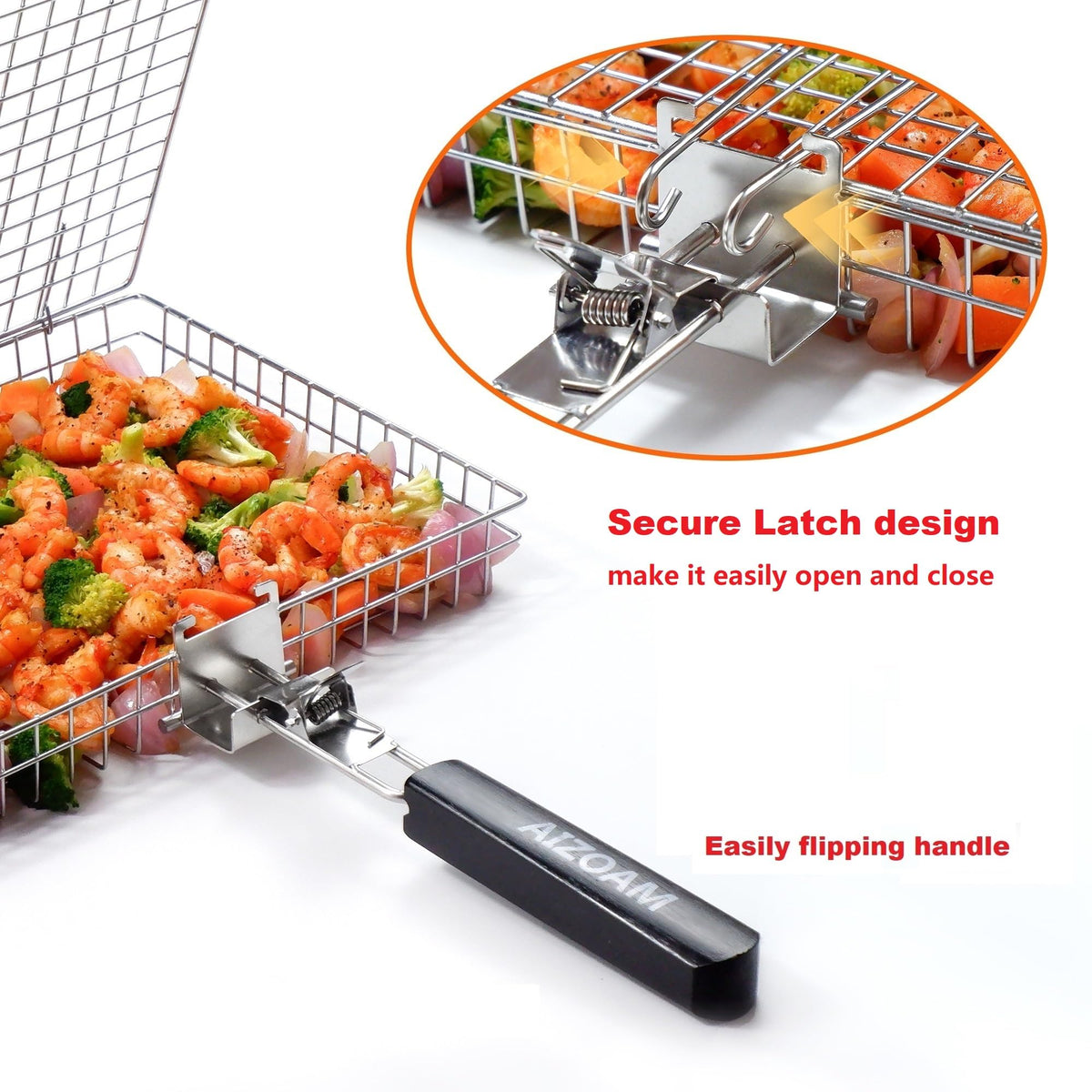 Durable food-grade stainless steel construction of AIZOAM grill basket.