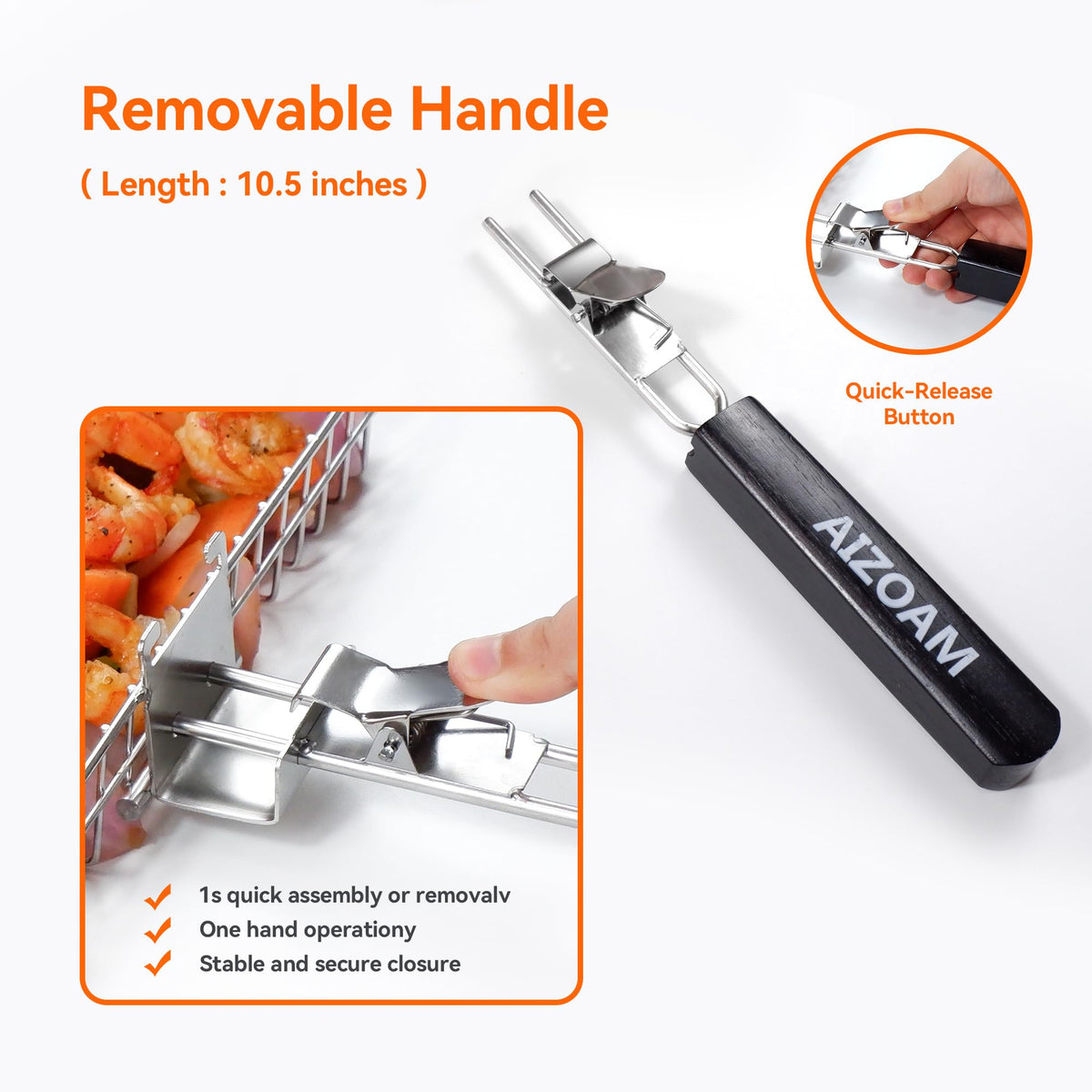 Versatile AIZOAM BBQ basket set with brush, gloves, and skewers.