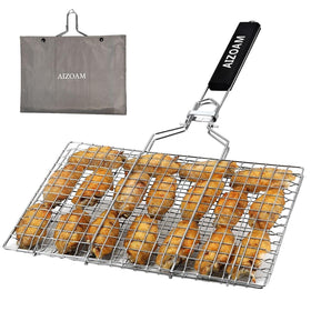 AIZOAM shallow grill basket front view with lockable grate for delicate fish
