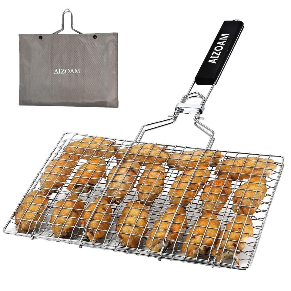 AIZOAM shallow grill basket front view with lockable grate for delicate fish