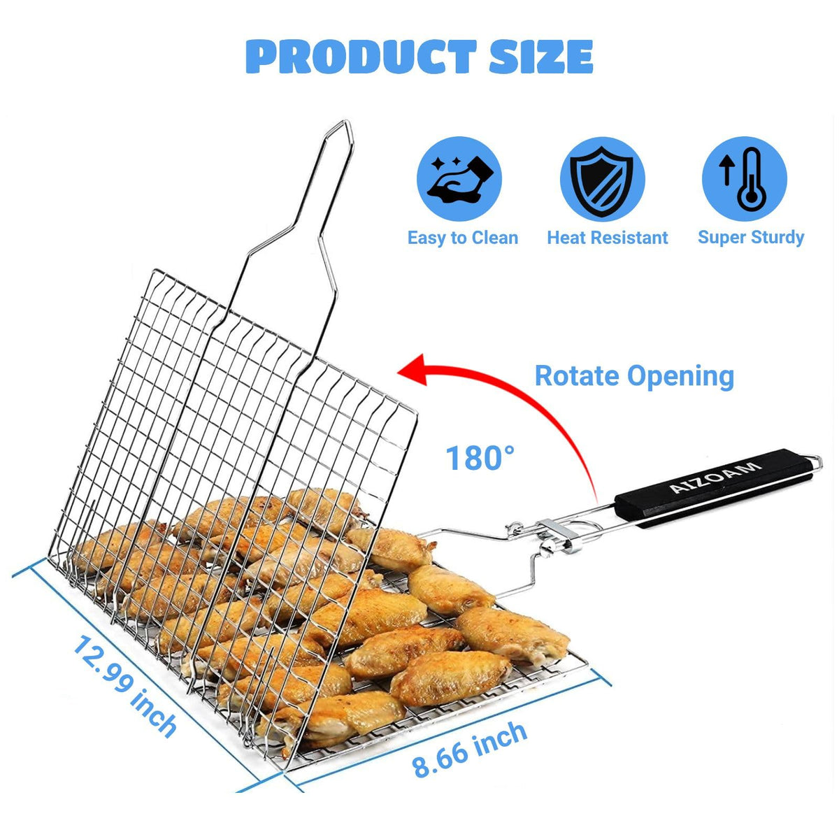 AIZOAM shallow grill basket large surface for fish and veggies