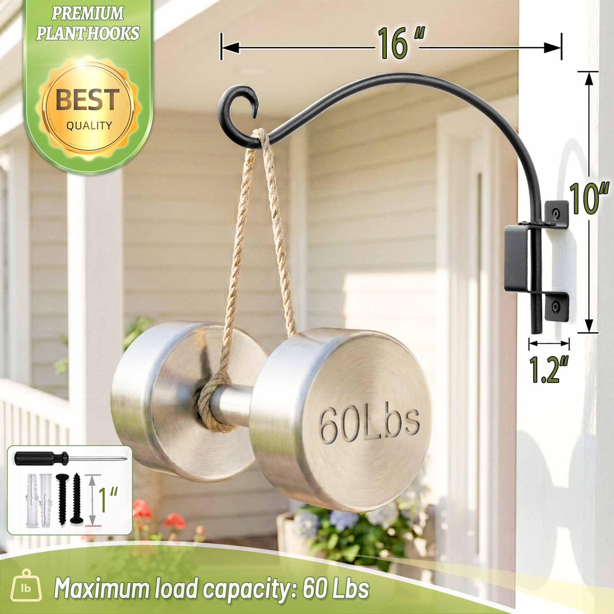 AJART black outdoor plant hook close-up showing steel forging
