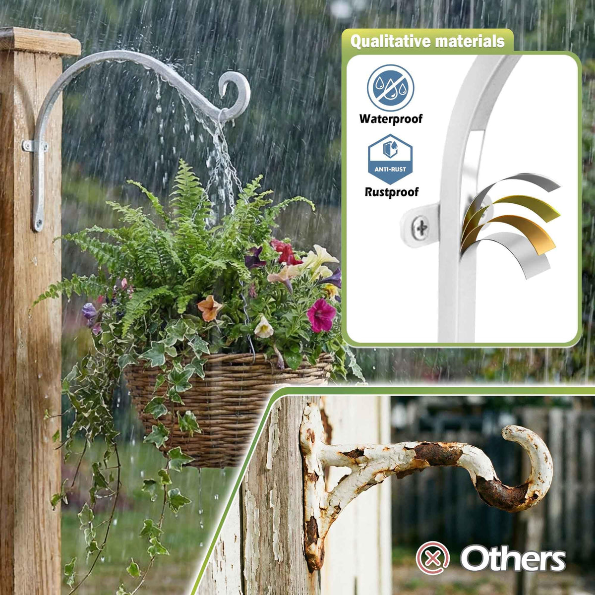 AJART outdoor plant hook close-up highlights rust-resistant finish.