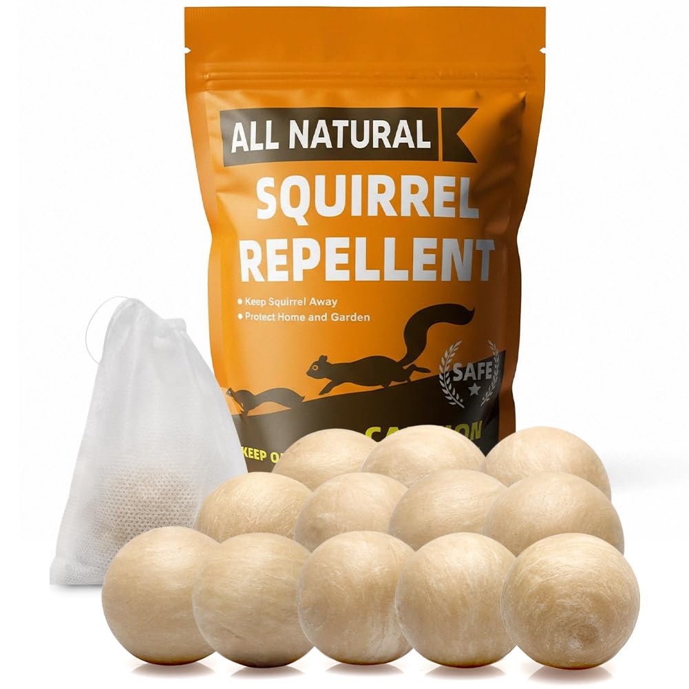 AJOQFKTD Squirrel Repellent packaging with 12 packs, long-lasting outdoor protection.