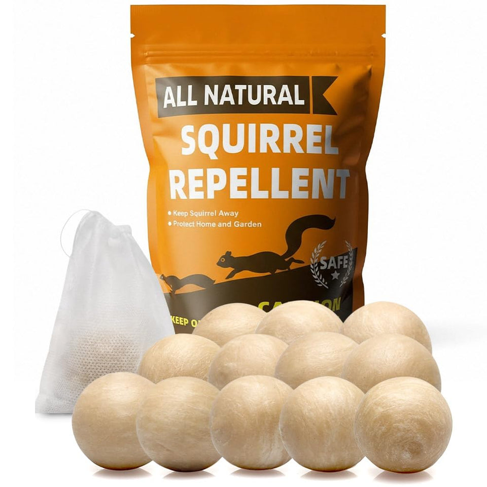 AJOQFKTD Squirrel Repellent packaging with 12 packs, long-lasting outdoor protection.