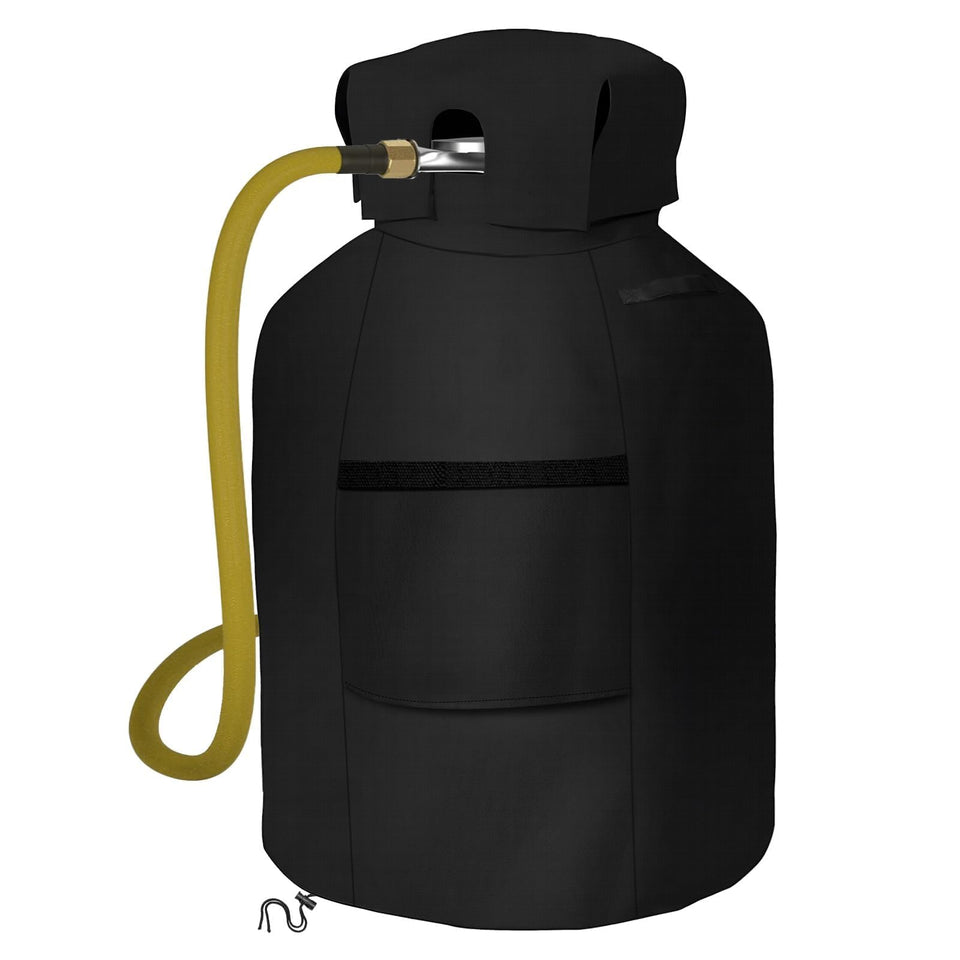 AKEfit propane cover in 600D Oxford fabric shields the tank from dust and weather.