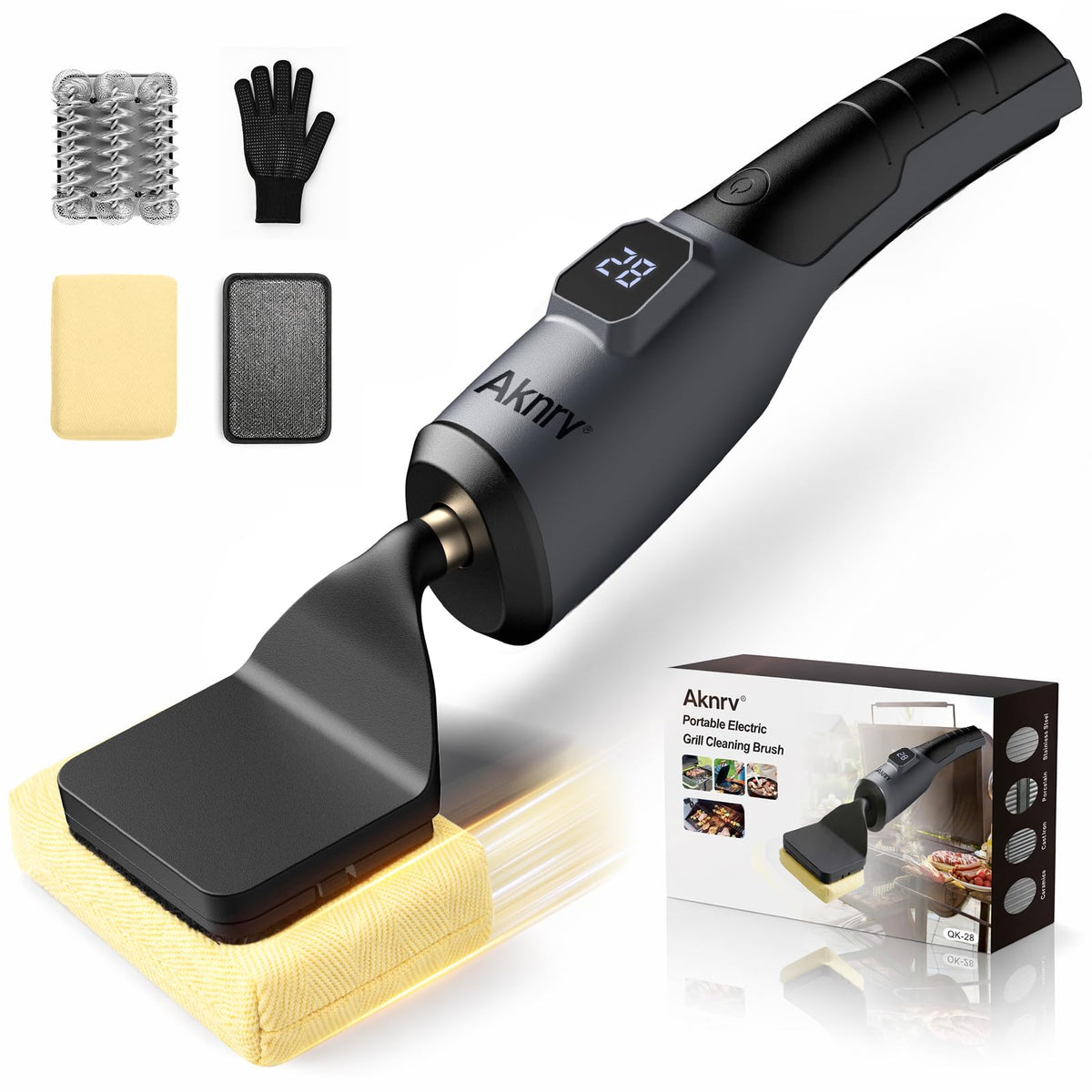 Aknrv rechargeable grill cleaning tool image, cordless and long runtime for easy post-cook cleanup