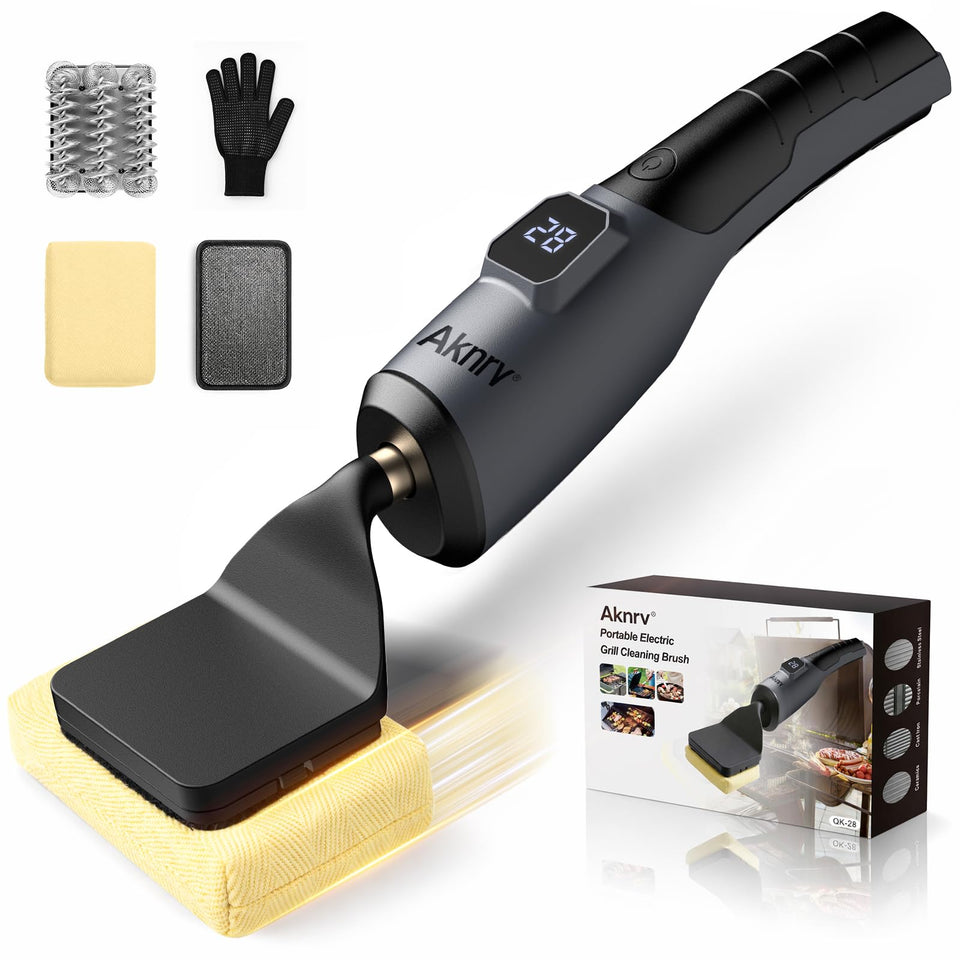 Aknrv rechargeable grill cleaning tool image, cordless and long runtime for easy post-cook cleanup
