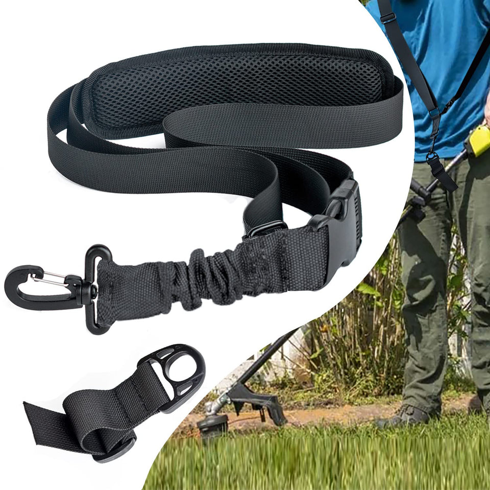 AKUATUZ trimmer strap assembly shows rugged webbing for heavy-duty weed eater work.