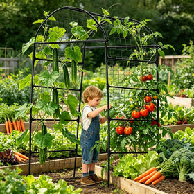 Alabzphsia vertical-growth trellis helps easy harvest and plant display along pathways.