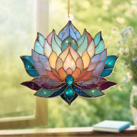 ALADAYQUINQUIT Lotus Stained Glass Ornament window suncatcher catching sunlight with vibrant colors.