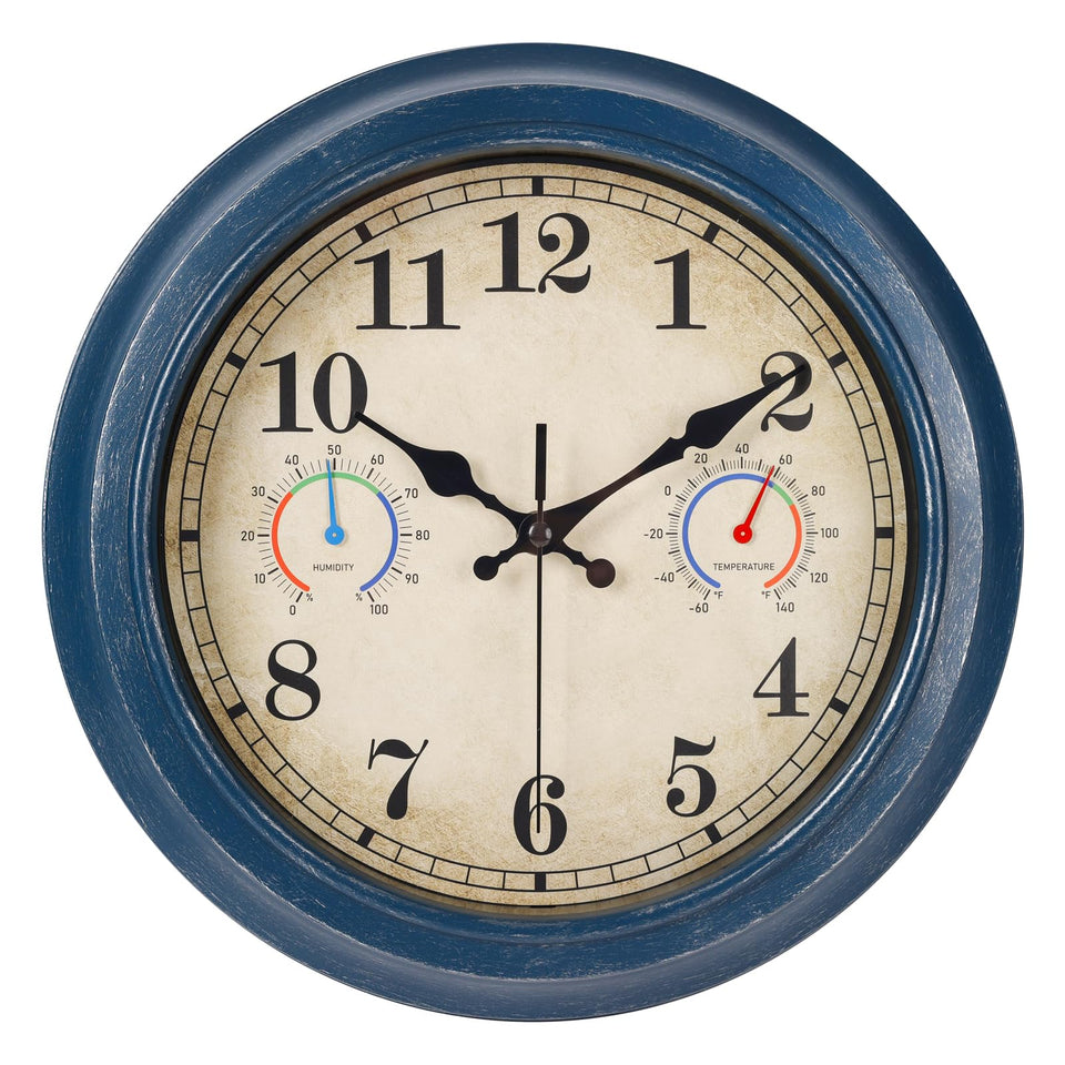 Alarllok outdoor clock with thermometer and hygrometer for weather-aware timekeeping.