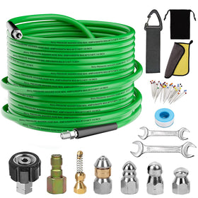 Aleiry sewer jet kit 50ft green hose ready for powerful drain cleaning.