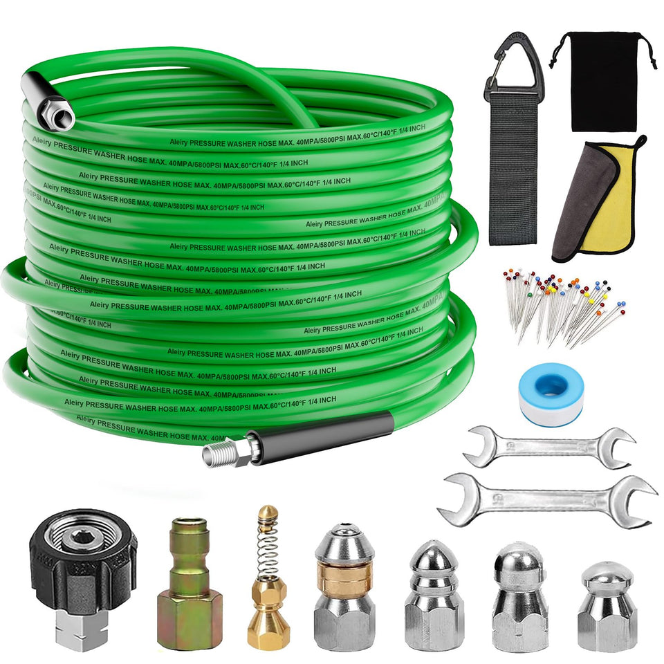 Aleiry sewer jet kit 50ft green hose ready for powerful drain cleaning.