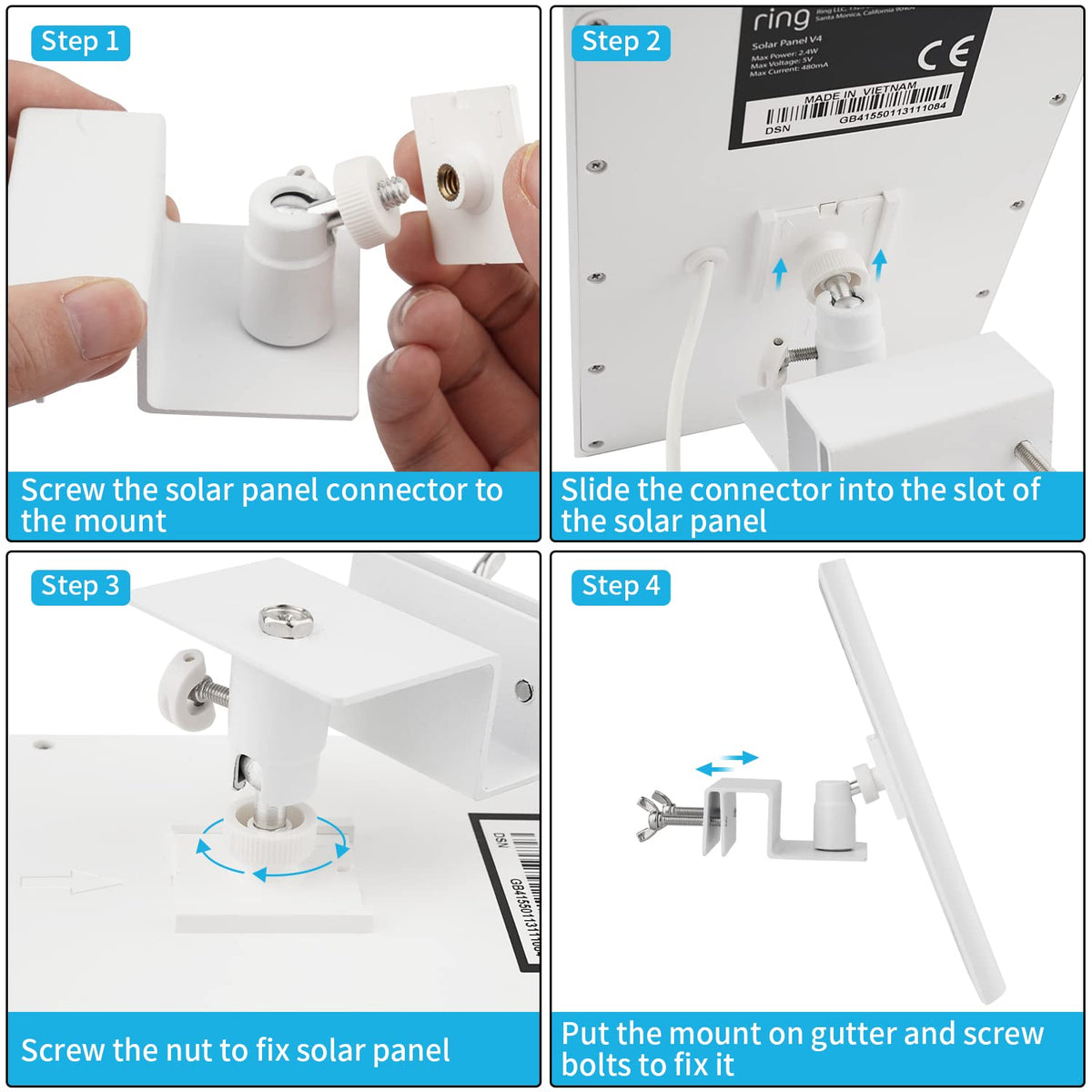 White ALERTCAM mount enables versatile re-angle to follow the sun's path.