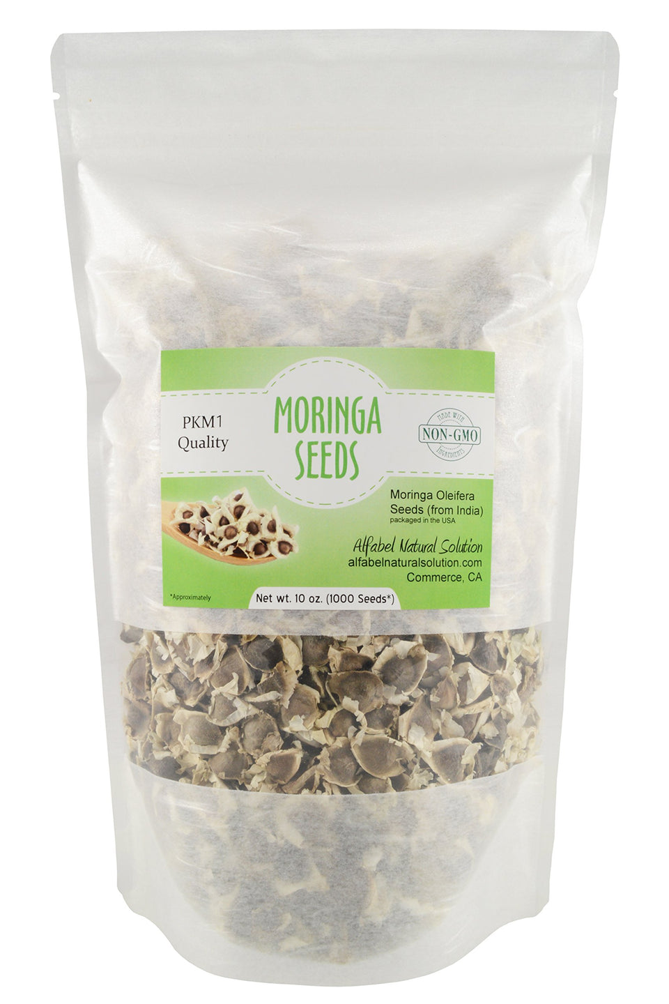 Alfabel Natural Solution PKM1 Moringa seeds bag front for home gardening.