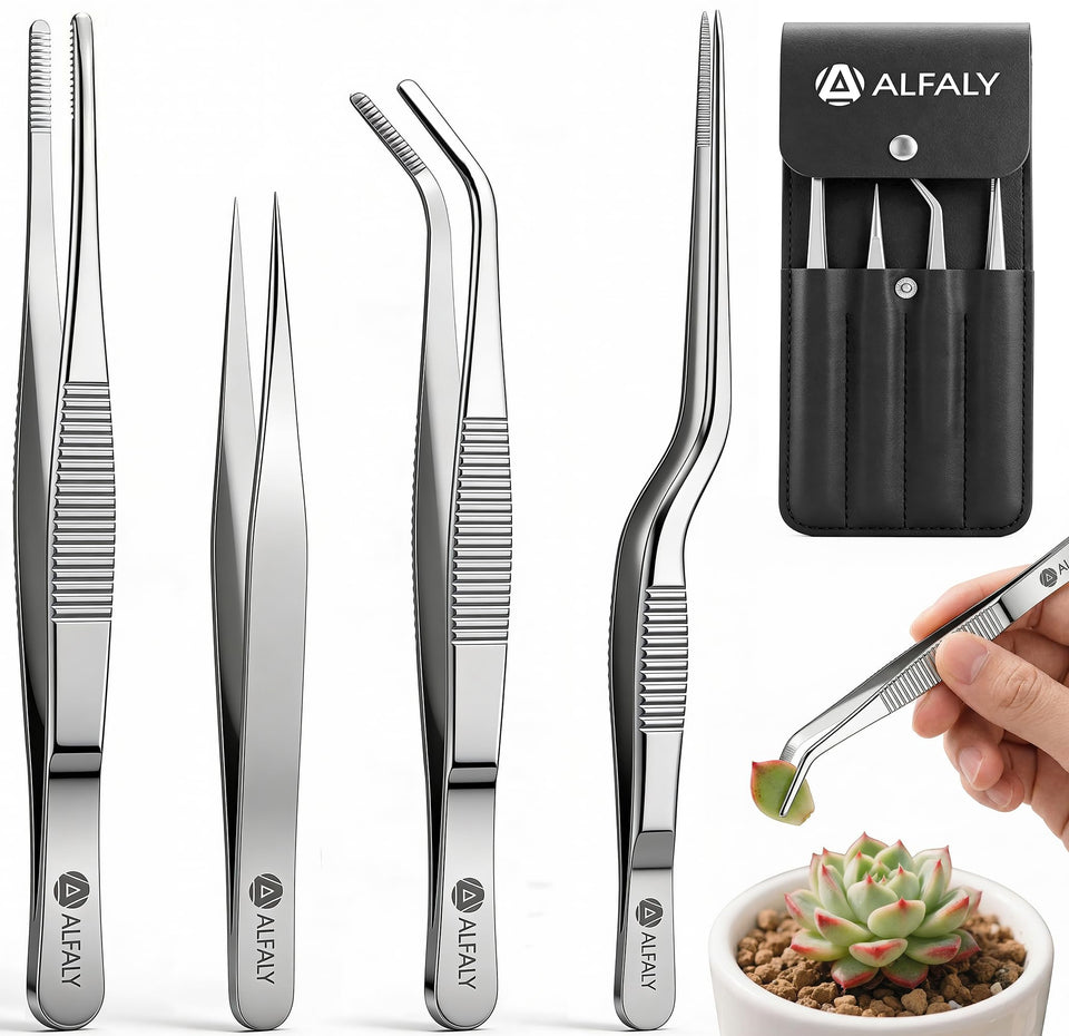 Alfaly 4-piece tweezers set with storage bag for organized gardening tasks.