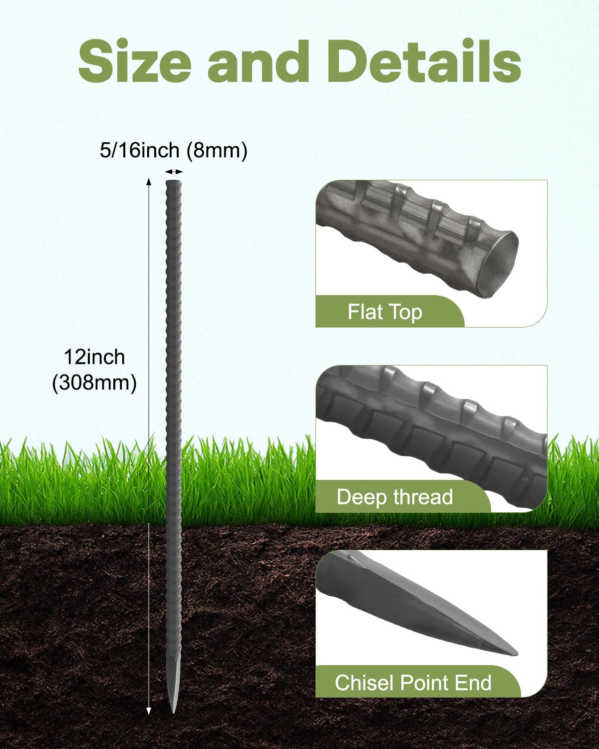 Alffun 12-inch rebar stake with deep-thread grip keeps canopies steady.