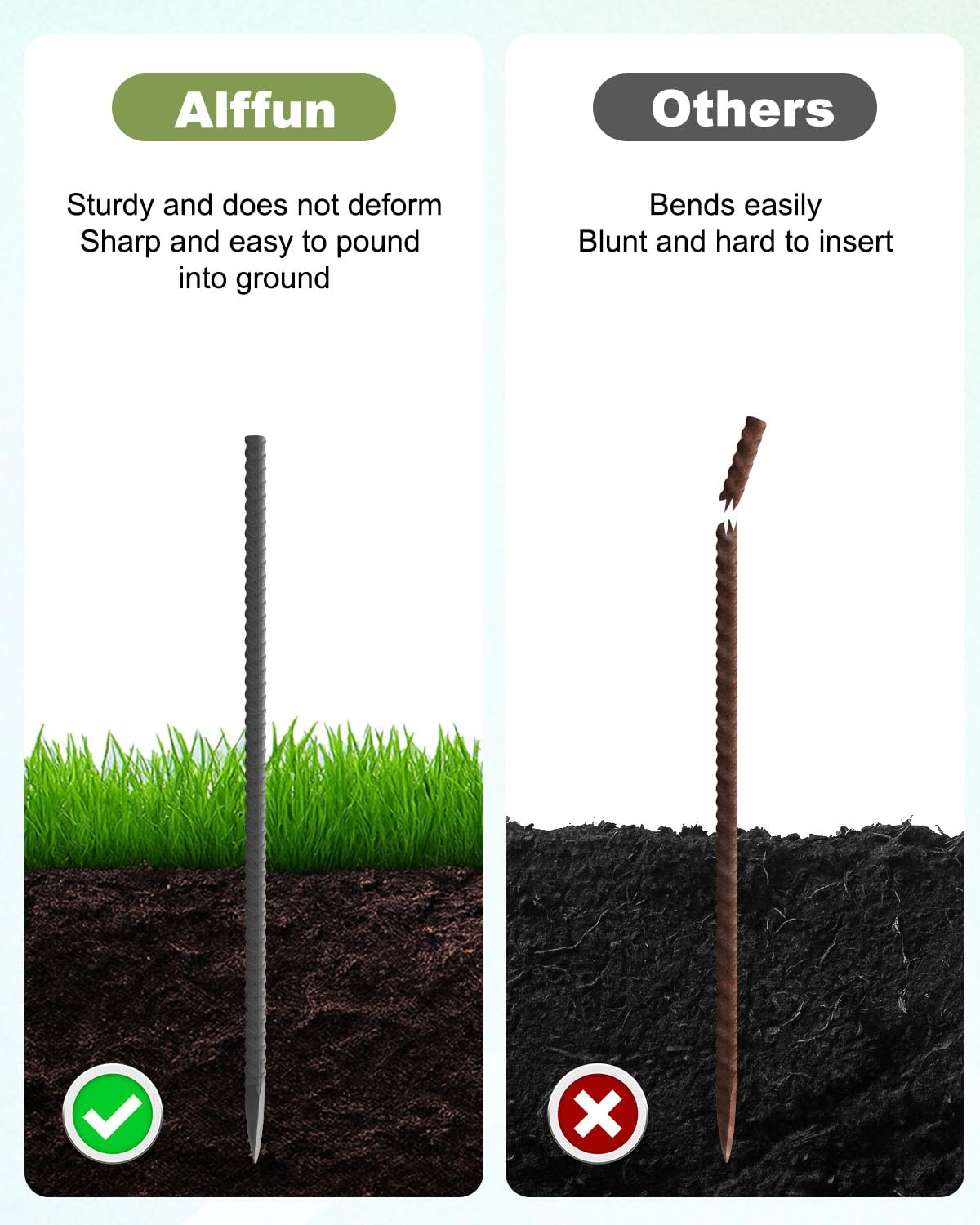 Alffun 12-inch rebar stake secure-in-ground delivers wind-resistant anchors for lawns.