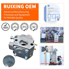 Close-up of Ruixing 753-06190 carburetor highlighting compact design and durable components.