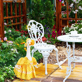Aliceset 23-inch goose statue wearing the outfit on a sunny porch