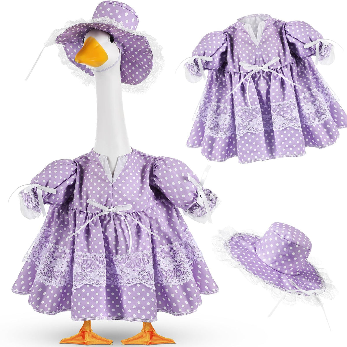 Aliceset polka dots skirt on a 23-inch goose statue for summer curb appeal