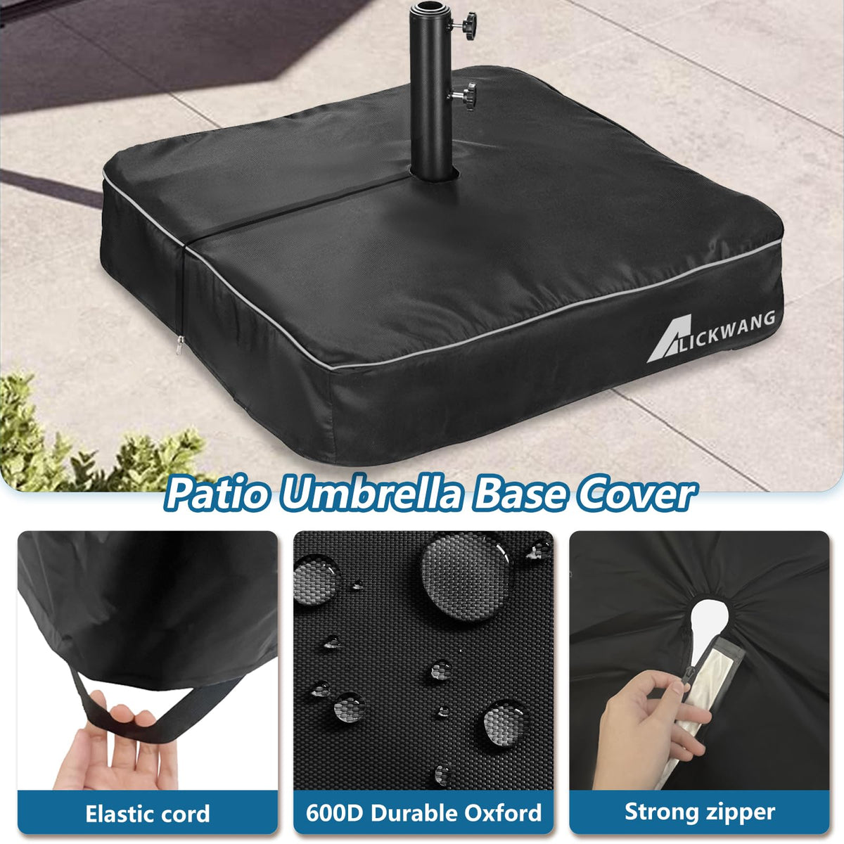 Alickwang umbrella base cover with zipper shows quick, tool-free installation.