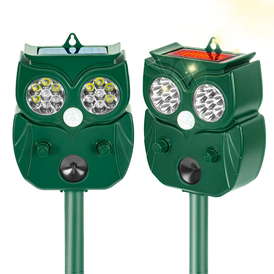 Alikguu solar ultrasonic animal repellent with motion sensor deters wildlife in yard.