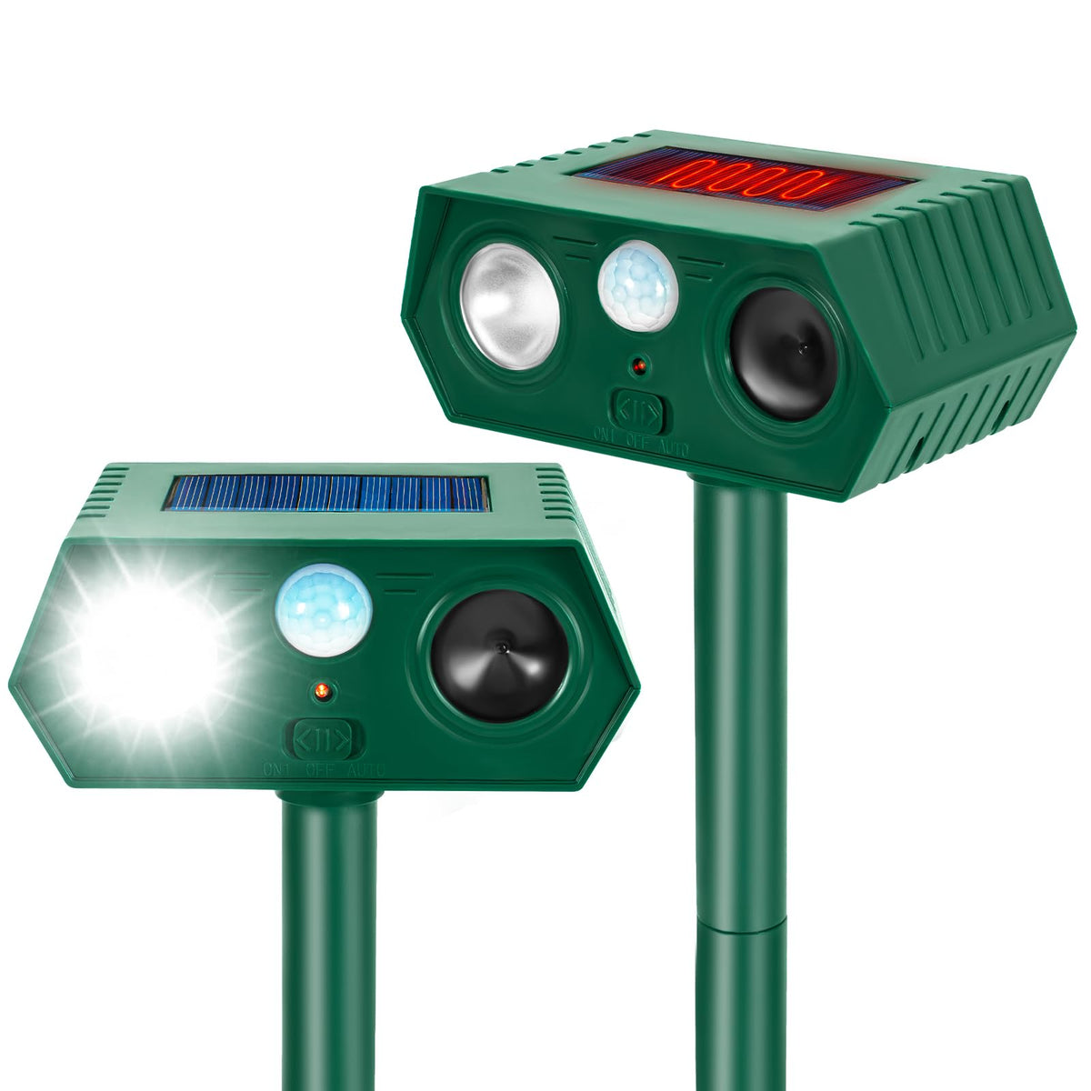 Alikguu Solar Ultrasonic Animal Repellent pair guarding a lawn from wildlife.