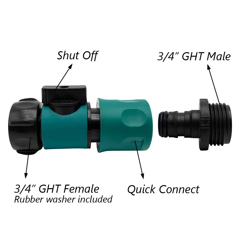 Alkarma female quick connector with shut-off for controlled water flow.
