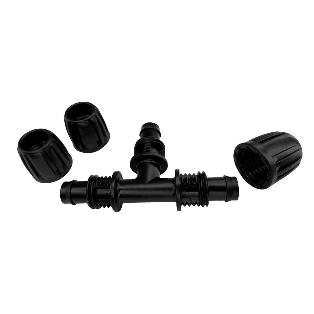 ALKARAMA half-inch T-connector for drip irrigation keeps tubing secure during watering tasks.