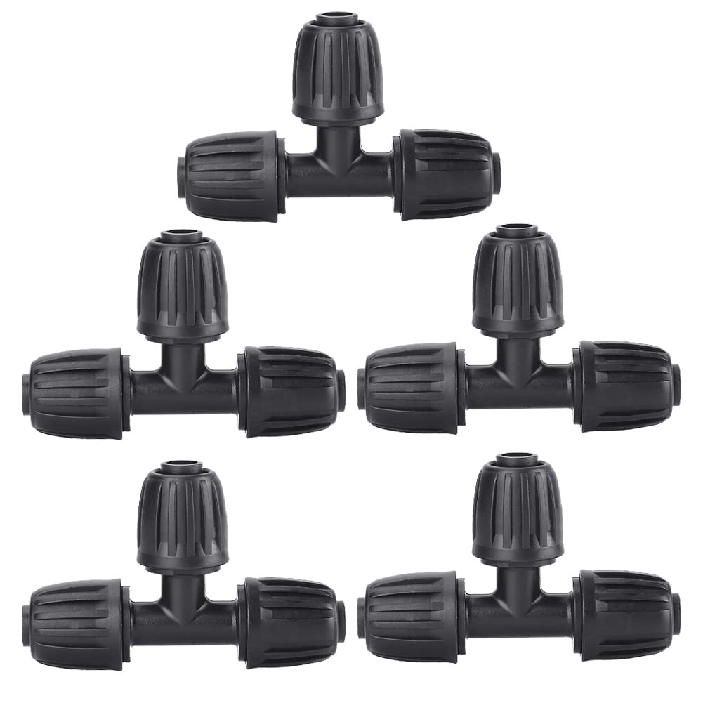 ALKARAMA lock-barbed tee connector for 1/2-inch drip tubing provides secure, leak-free irrigation fittings.