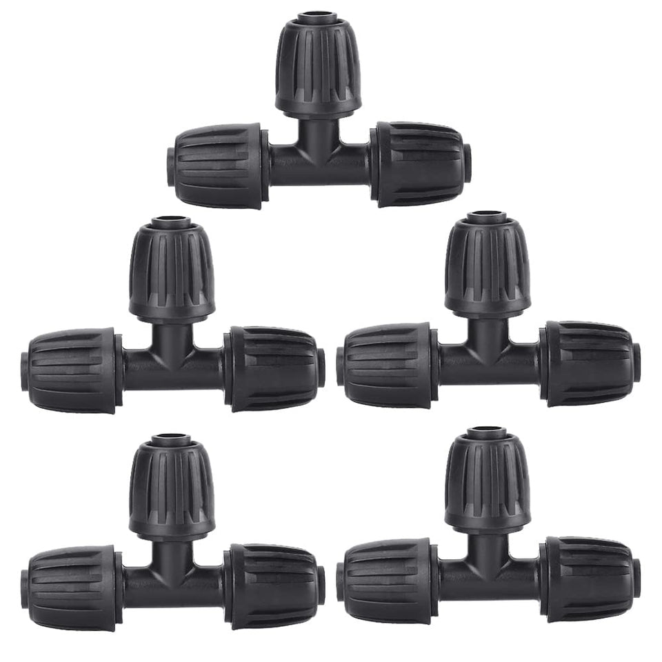 ALKARAMA lock-barbed tee connector for 1/2-inch drip tubing provides secure, leak-free irrigation fittings.