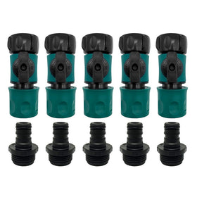 Alkarma plastic garden hose quick connect set enables easy on/off operation.