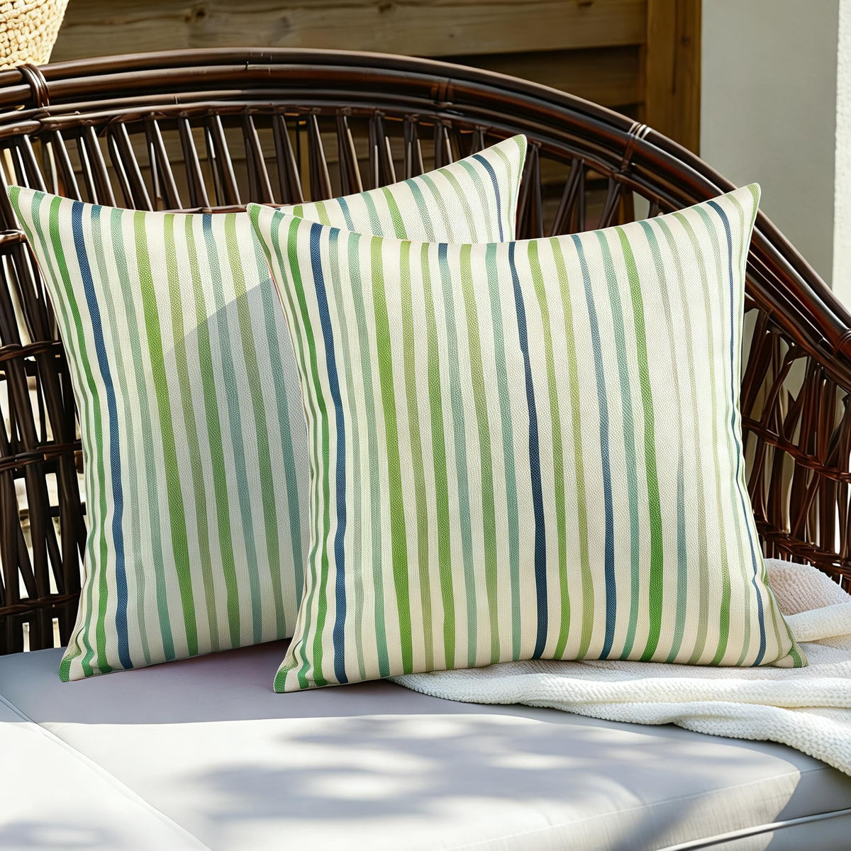 All Smiles green-striped pillow case for outdoor cushions adds easy refresh