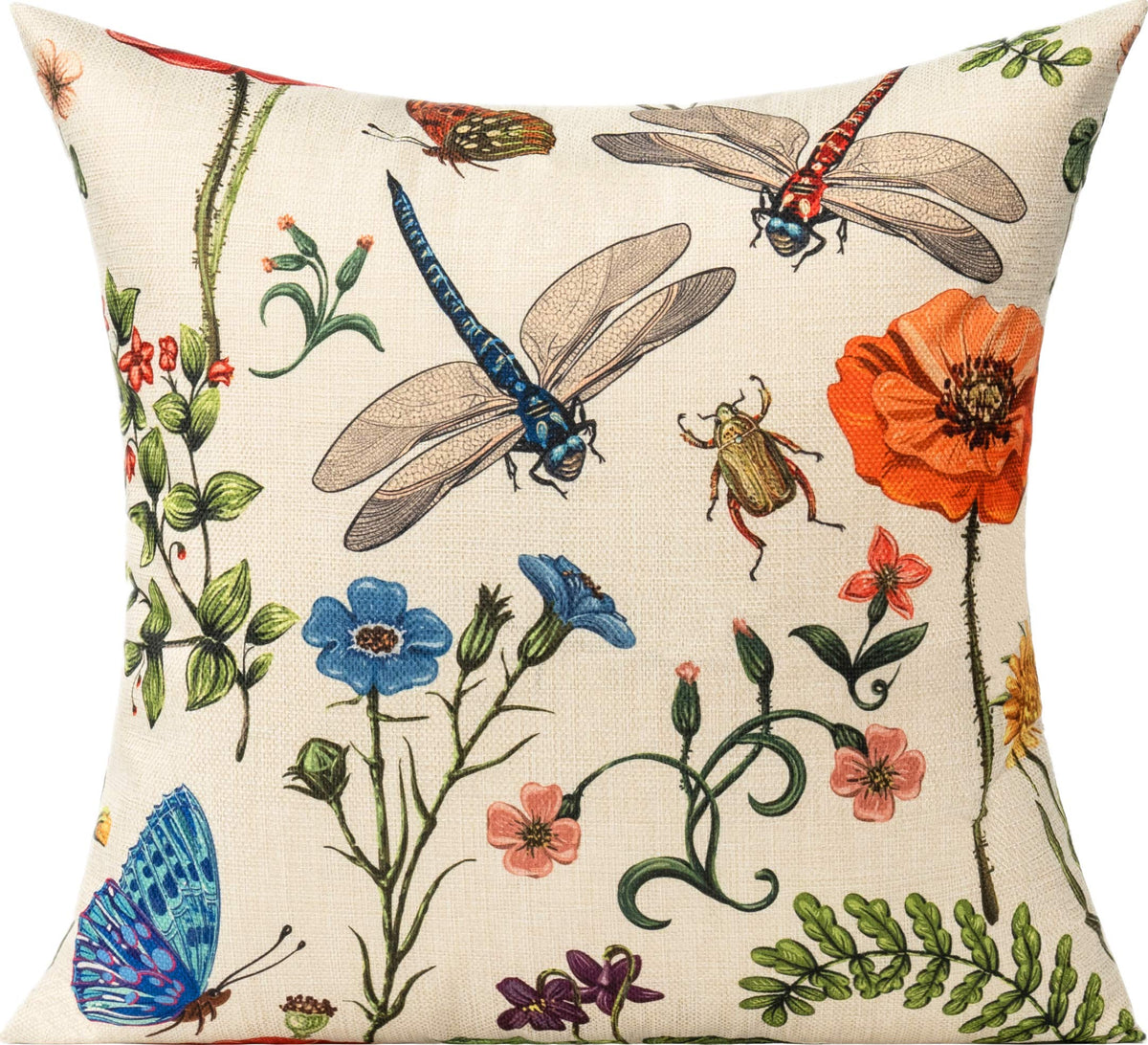 All Smiles pillow cover with dragonfly pattern adds botanical charm to garden furniture