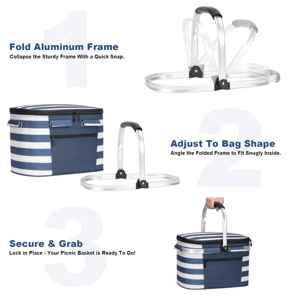 Removable baskets help organize items for quick, tidy outdoor setups.