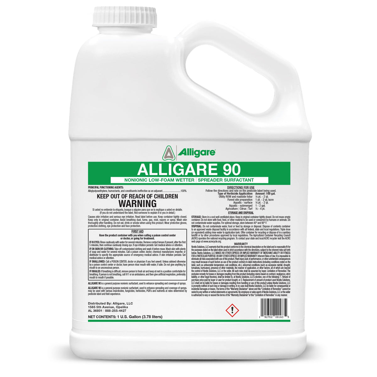 ALLIGARE 90 nonionic surfactant bottle enhances spray coverage for even application.