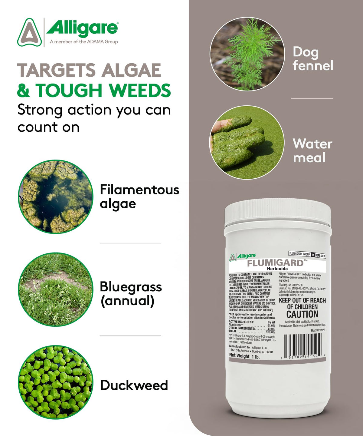 ALLIGARE Flumigard aquatic-algae-control highlights broad-spectrum weed defense.