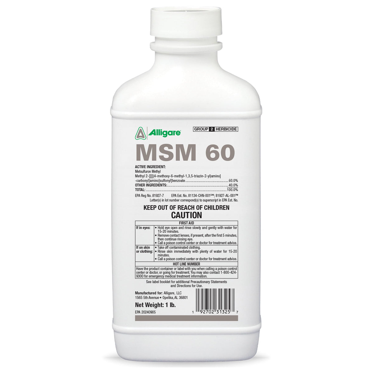 Alligare MSM Turf herbicide bottle ready for selective broadleaf control in pastures.