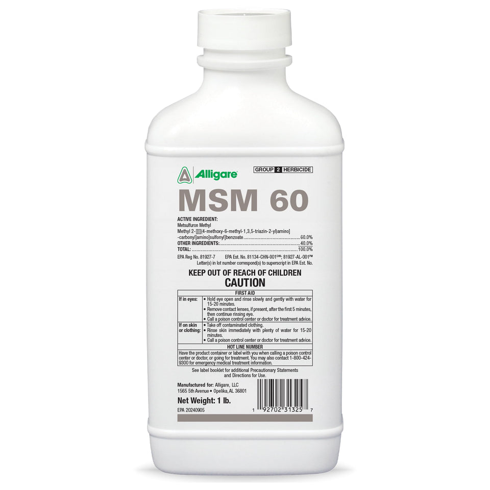Alligare MSM Turf herbicide bottle ready for selective broadleaf control in pastures.