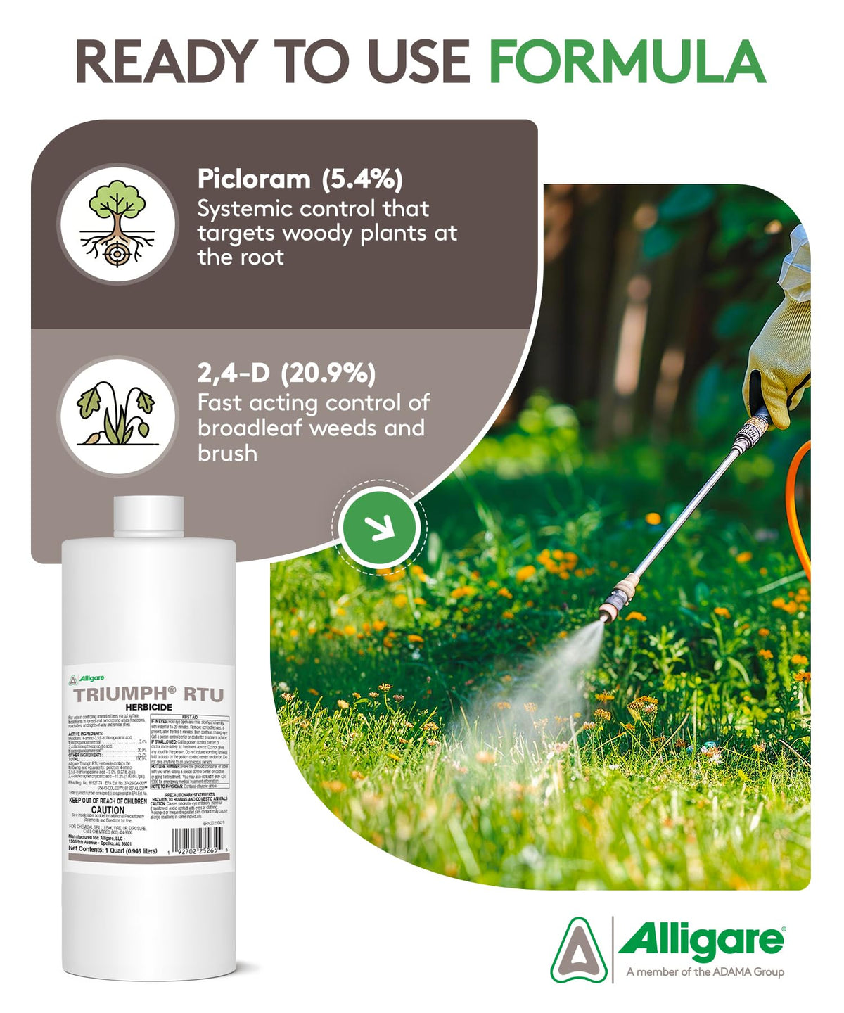 ALLIGARE Triumph RTU blue dye highlights treated areas for precise coverage.