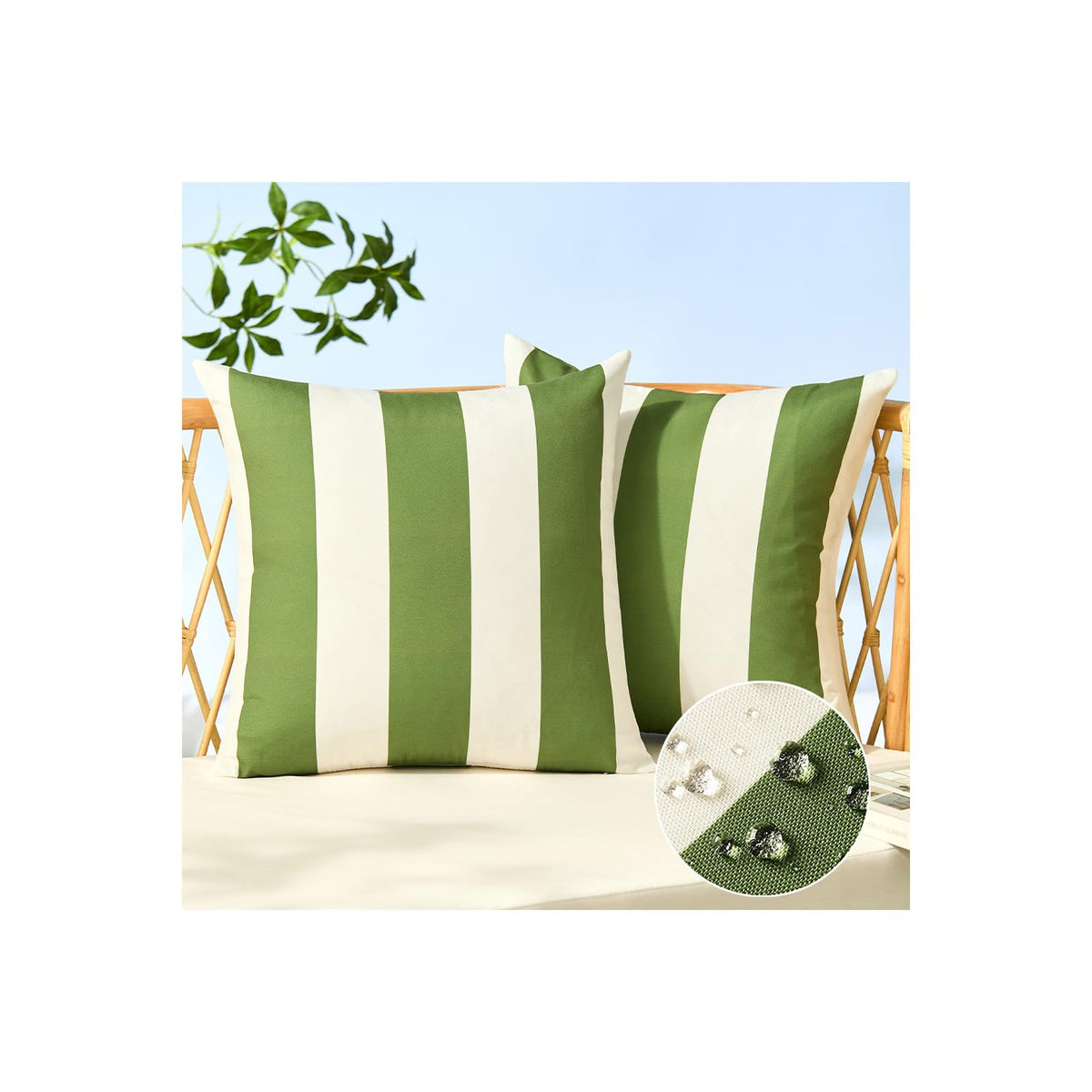 Allorry outdoor pillow cover in olive-green stripes enhances patio decor with easy wipe-clean care