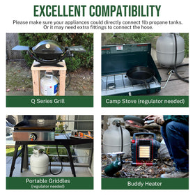 Alloxity outdoor camping setup with hose connected to grill and tank.