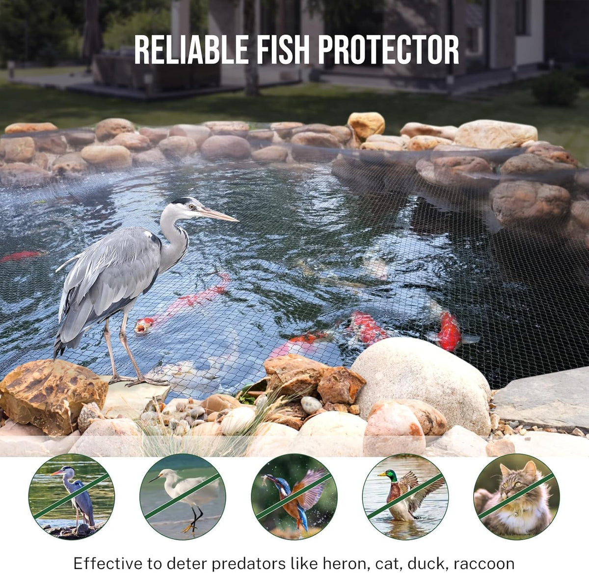 Alloxity pond netting installed over pond demonstrating easy setup