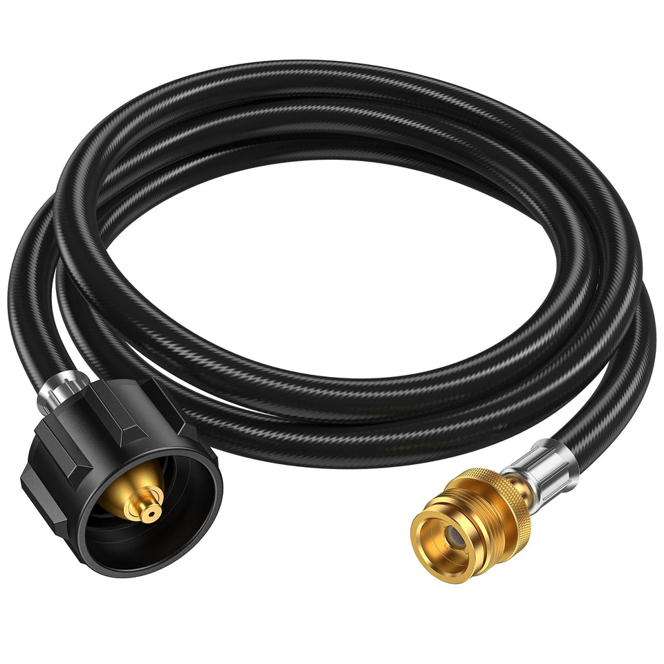 Alloxity 6ft propane hose adapter connected to a Weber Q grill for extended fuel supply.
