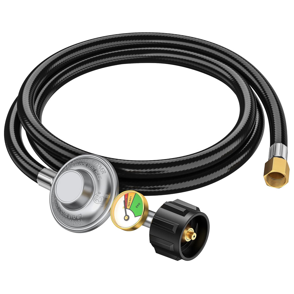 Alloxity propane regulator with hose and gauge connects to grills with easy tool-free attachment.