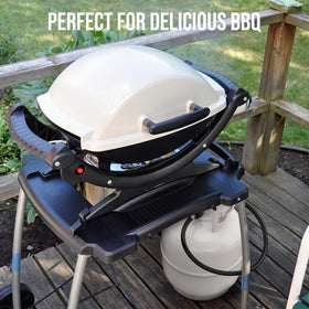 Alloxity brass tank adapter shows 20lb to 1lb conversion for outdoor cooking.