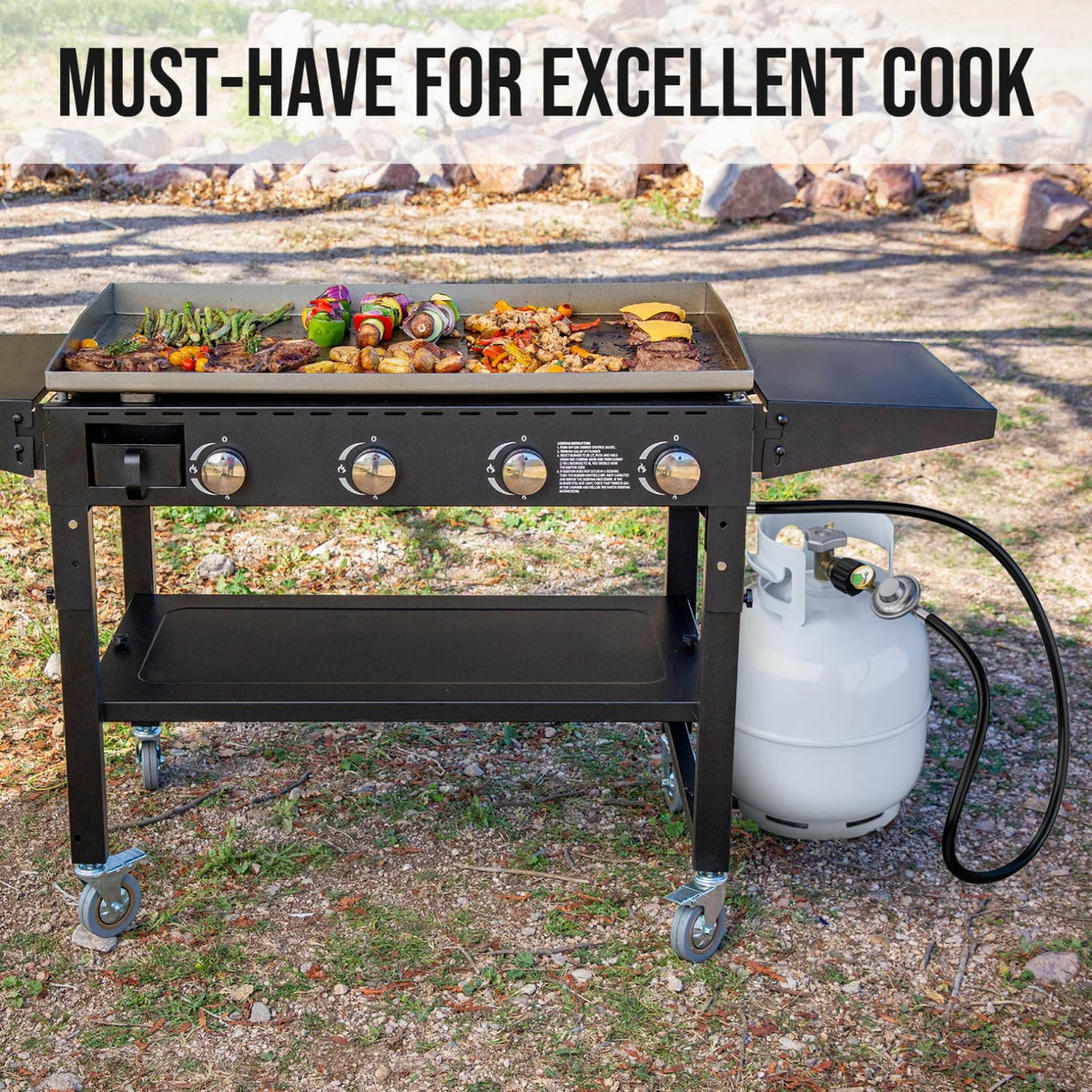 Three-eighths-inch female flare swivel fits most propane appliances.
