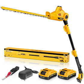 Alloyman 20V MAX pole hedge trimmer with 16-inch blades for clean cuts.